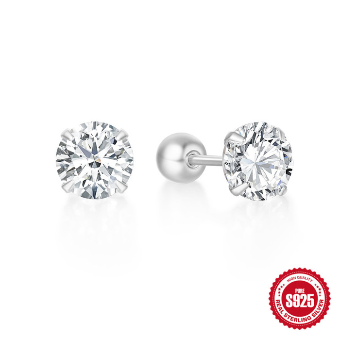 New 925 Sterling Silver Classic Four-Prong Diamond-Studded Spiral Round Bead Piercing Ear Bone Stud European and American Hot-Selling INS Trendy Earrings