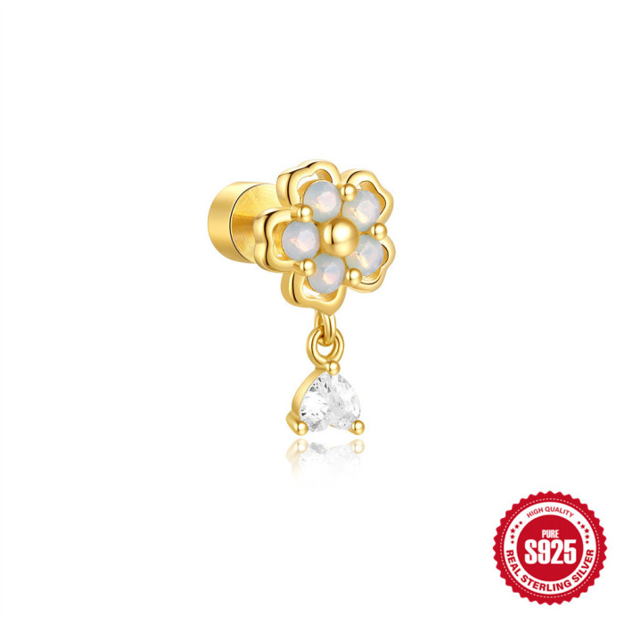 S925 Sterling Silver Heart Opal Cross Cylinder Threaded Piercing Ear Bone Stud European and American Hot-Selling High-End Opal Earrings