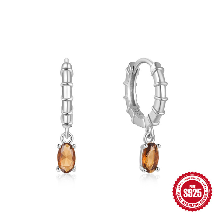 S925 Sterling Silver Egg-Shaped Zircon Colorful Stone Earrings for Women Fashion Ins Style Stone-Inlaid Hoop Earr...