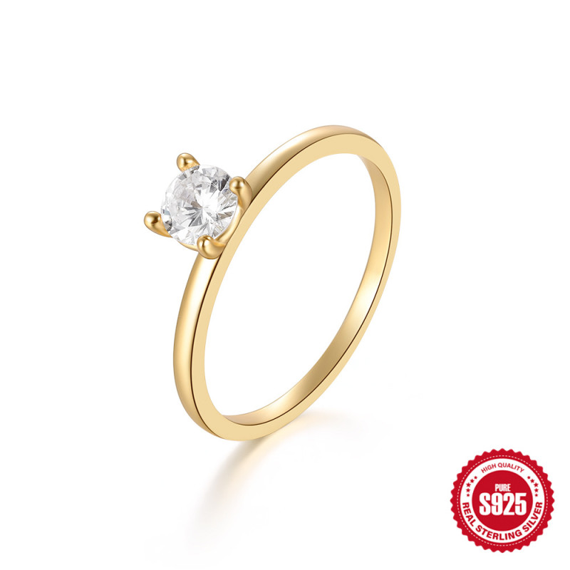 925 Sterling Silver Classic Four-Prong Carat Diamond Engagement Wedding Ring for Women European and American Fashion Simple Ins Style Ring