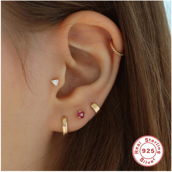 S925 Sterling Silver INS Simple Triangle Inlaid Diamond Piercing Earrings European and American Hot-Selling Flat Head Threaded Piercing Cartilage Stud Earrings