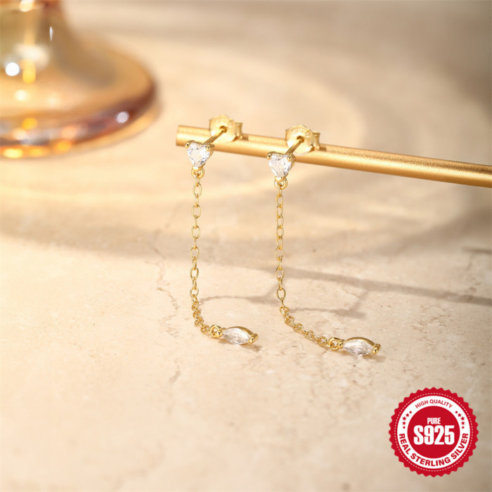 S925 Sterling Silver Tassel Chain Inlaid Diamond Heart Zircon Earrings Korean Style Light Luxury Unique Niche High-end Ear Jewelry