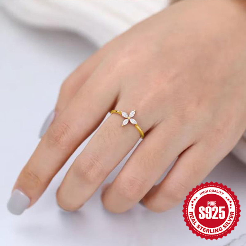 S925 Silver Ring Gold Plated Inlaid with Marquise Zircon Flower Shape Open Women's Ring European and American INS Internet Celebrity Same Style