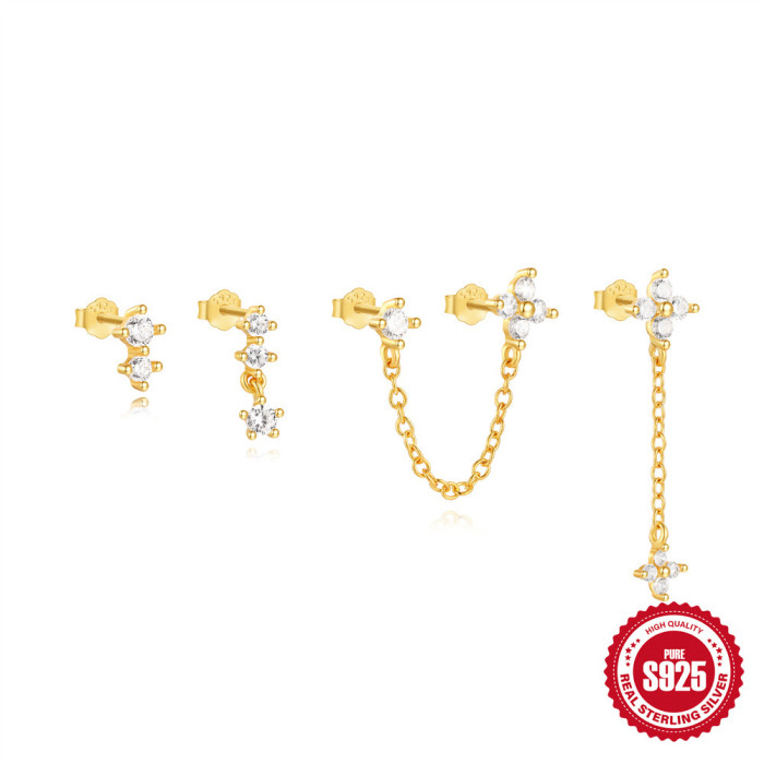 S925 Sterling Silver Minimalist Four-Leaf Clover Petal Earrings European and American Niche Unique Light Luxury High-End Diamond-Studded Earring Set