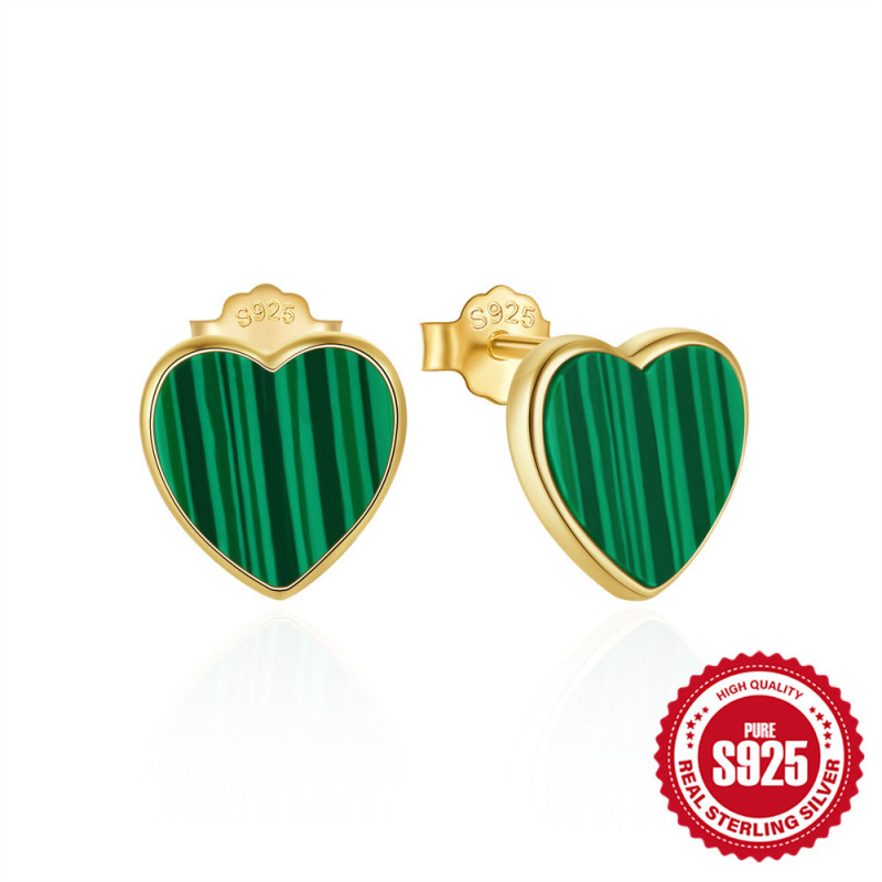 S925 Sterling Silver Malachite Heart Versatile Earrings European and American Hot Selling Retro Minimalist INS Cool Style Earrings