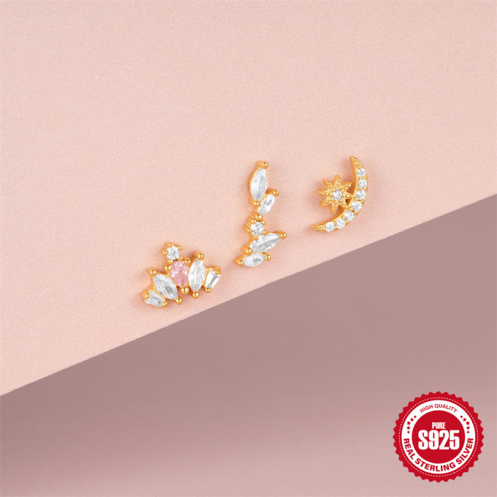 S925 Sterling Silver Pink Diamond Butterfly Ear Bone Stud Niche Hollow Design Versatile Personality Piercing Twist Ball Ear Bone Stud Earrings