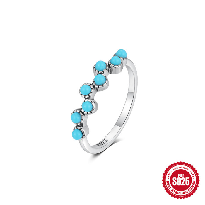 New S925 Sterling Silver Row Diamond Opal Flower Turquoise Ring Fashionable Unique Retro Niche Design Index Finger Tail Ring