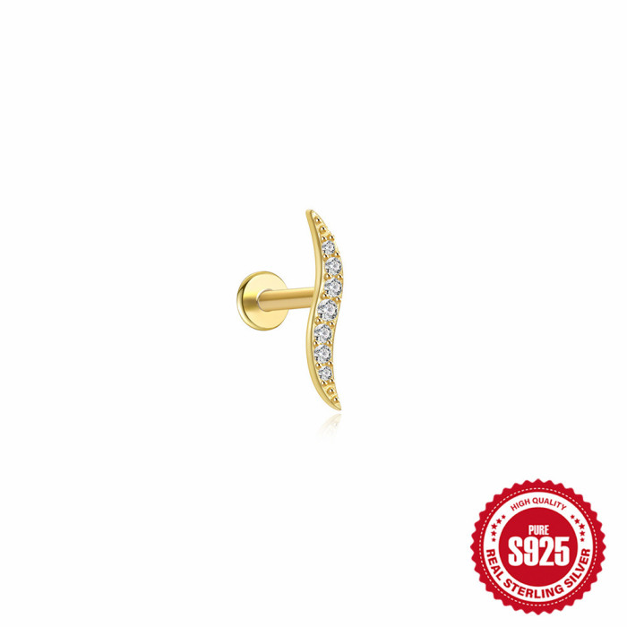 S925 Sterling Silver Flat Bottom Push Piercing Exquisite Zircon Earrings European and American Personality Temperament Fan-shaped Tassel Earrings Ear Cuff