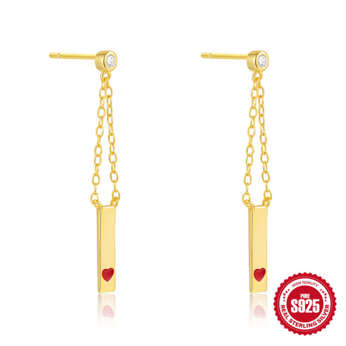 S925 Sterling Silver Chain Earrings for Women, Personality Minimalist Style, Trendy Small Gold Bar with Heart Oil Drop Earrings for Women