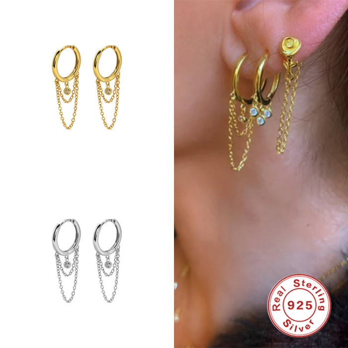 S925 Sterling Silver INS Geometric Trendy Tassel Stone-Inlaid Ear Cuff Earrings Hot Selling Creative Ear Hoop Ear J...