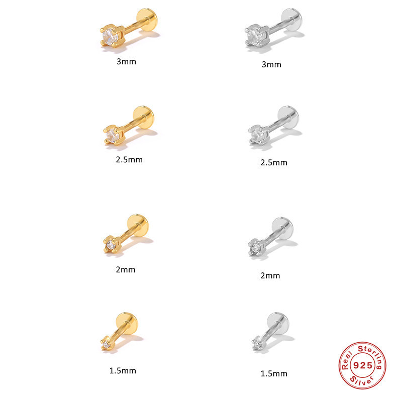 S925 Sterling Silver INS Simple Four-Prong Diamond Piercing Stud Earrings European and American Hot-Selling Flat Head Threaded Piercing Cartilage Earrings