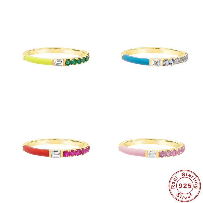 S925 Sterling Silver INS Style Single Row Inlaid Diamond Oil Drop Imitation Enamel Couple Rings European and American French Style Colorful Rings