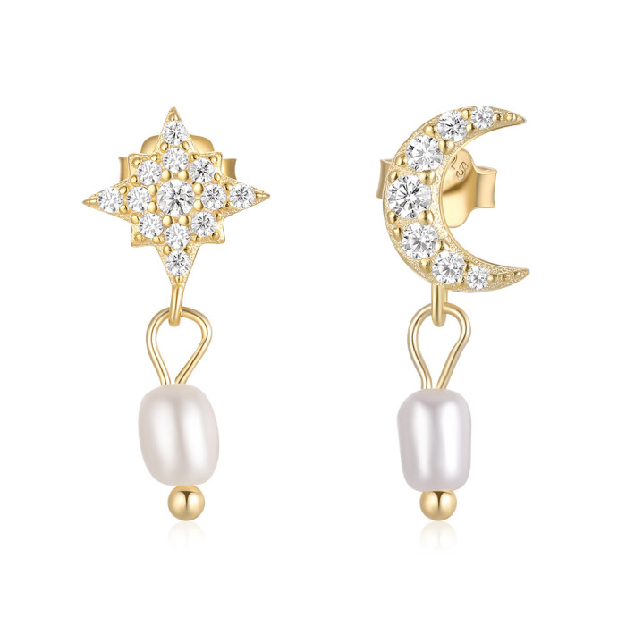 S925 Sterling Silver Earrings Personality Inlaid Diamond Pearl Studs European and American Fashion Simple Ins Star Moon Drop Earrings Ear Clips