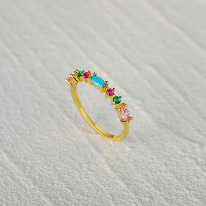 S925 Sterling Silver Colorful Stone Marquise Ring Fresh Summer Wear Matching Jewelry Internet Celebrity Street Style Elegant Luxury Index Finger Ring