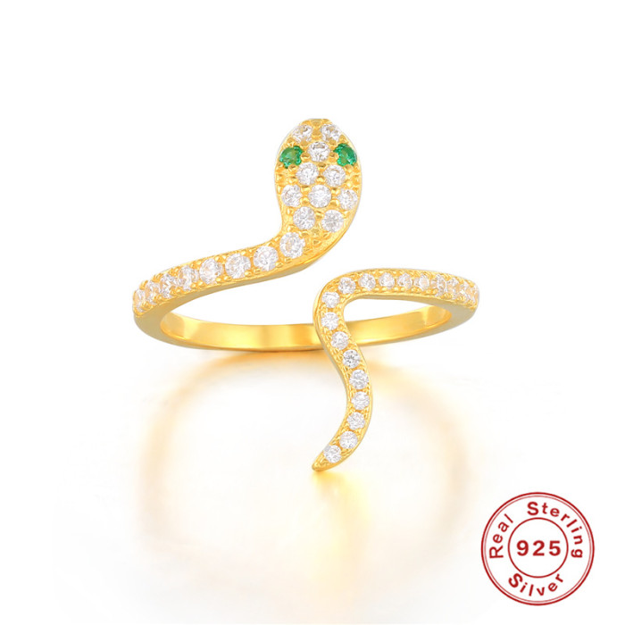 S925 Sterling Silver Luxurious Stone-Studded Snake-Shaped Adjustable Open Ring Hot-Selling Personality Punk Style F...