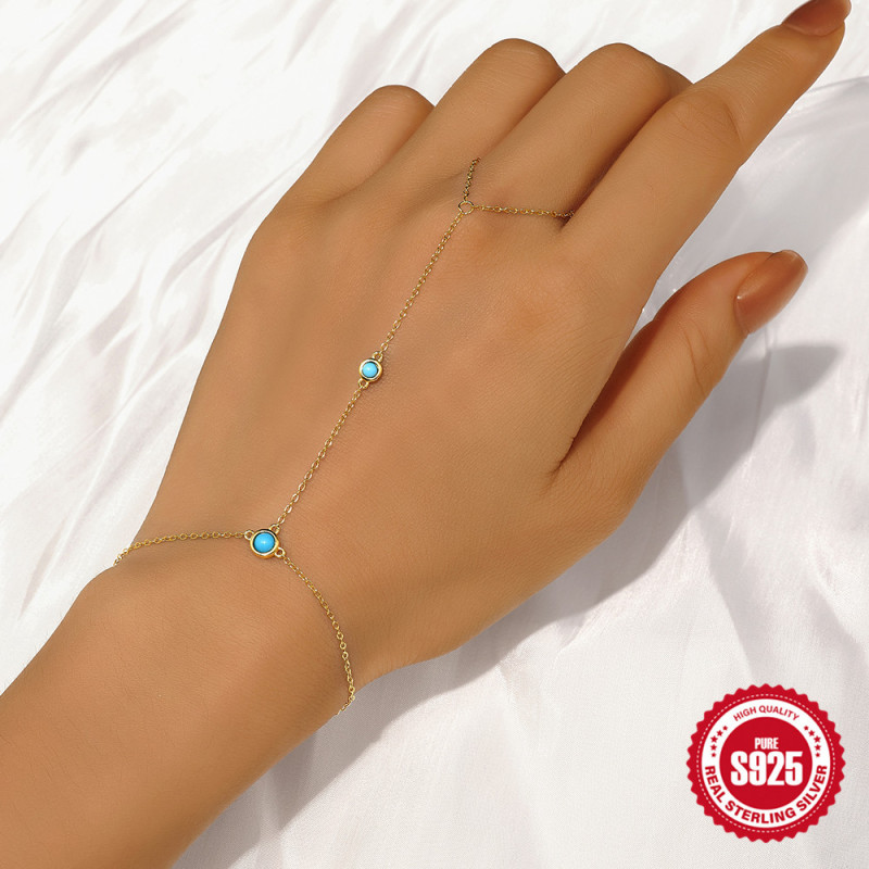 S925 Sterling Silver Vintage Inlaid Turquoise Versatile Women's Ring Chain Basic Interlocking Bracelet Multi-layer Stacking Bracelet