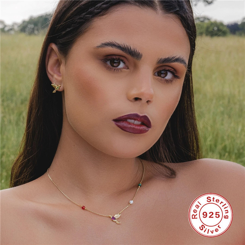 S925 Sterling Silver Color Inlaid Diamond Cute Hummingbird Stud Earrings European and American Hot Selling French Style Creative Bird Earrings Accessories