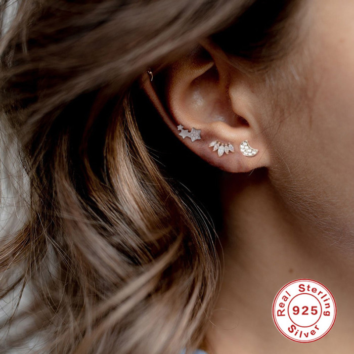 S925 Sterling Silver Micro Inlaid Big and Small Stars Thread Piercing Stud Earrings European and American fashion Trendy INS Body Piercing Ear Jewelry