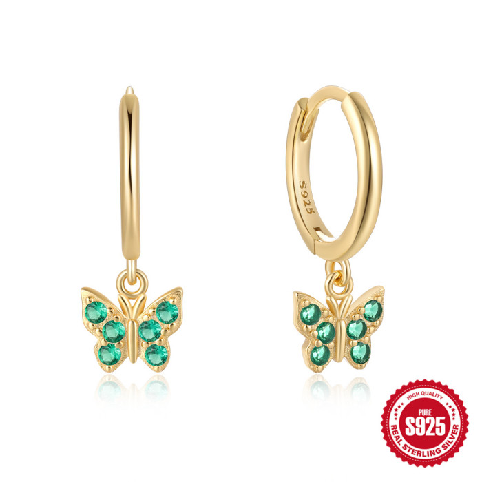 S925 Sterling Silver Butterfly Stone-Inlaid Earrings Hoop Earrings Ear Clips Earrings Hot Selling Creative Personal...