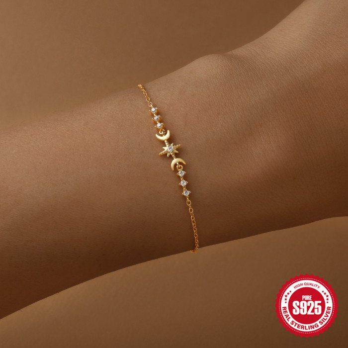 S925 Sterling Silver Classic Star Moon Inlaid Diamond Minimalist Bracelet Korean Version Niche Design INS Style Hand Jewelry Bracelet