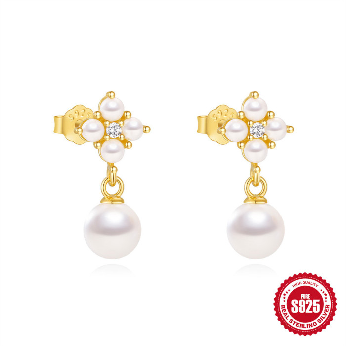 New S925 Sterling Silver Fashion Cute Petal Inlaid Diamond Pearl Earrings Korean Version Niche Fresh Simple Stud Earrings