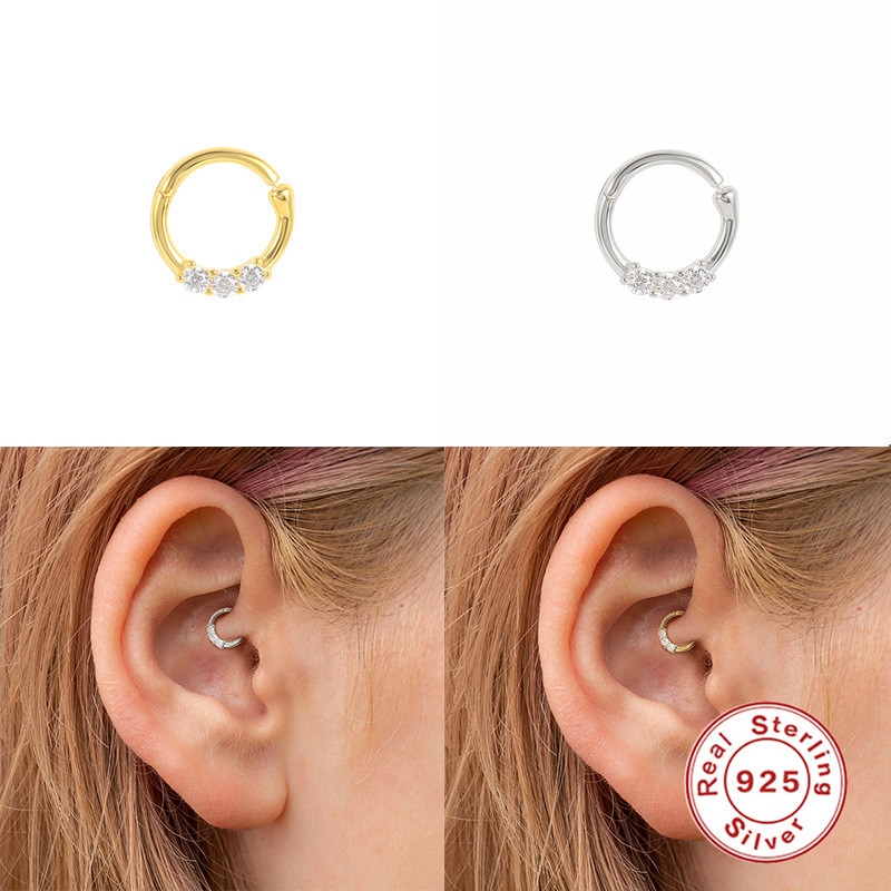 S925 Sterling Silver Single Nose Stud Nose Ring with Zircon Closed Hoop Earrings European and American Creative Style Threaded Piercing Ear Bone Stud