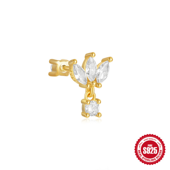 S925 Sterling Silver Horse Eye Inlaid Diamond Crown Double-Sided Wearable Soft Bone Thread Piercing Ear Bone Stud European and American New Style Earrings for Women