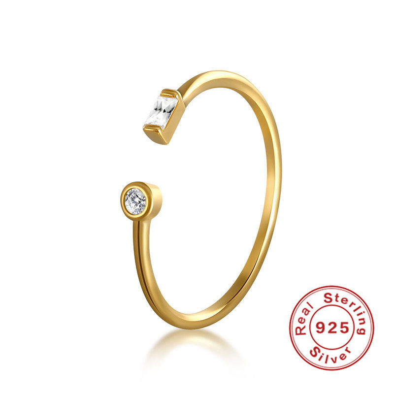 S925 Sterling Silver Minimalist Geometric Rectangle Round Open Ring Korean and Japanese Style Fashion Personality Trendy Diamond-Studded Ring