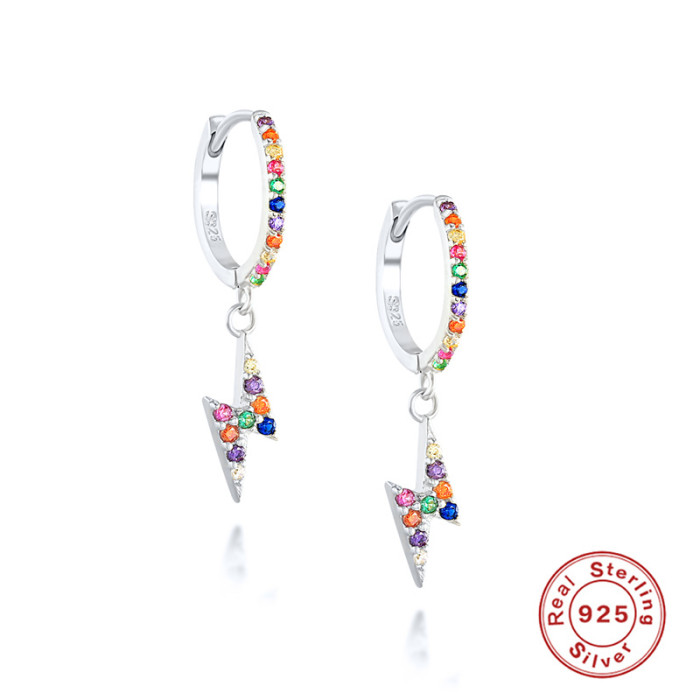 Amazon Hot-Selling S925 Sterling Silver Colorful Diamond Lightning Earrings European and American Cross-Border Personality Versatile Stud Earrings Ear Clips Ear Jewelry for Women
