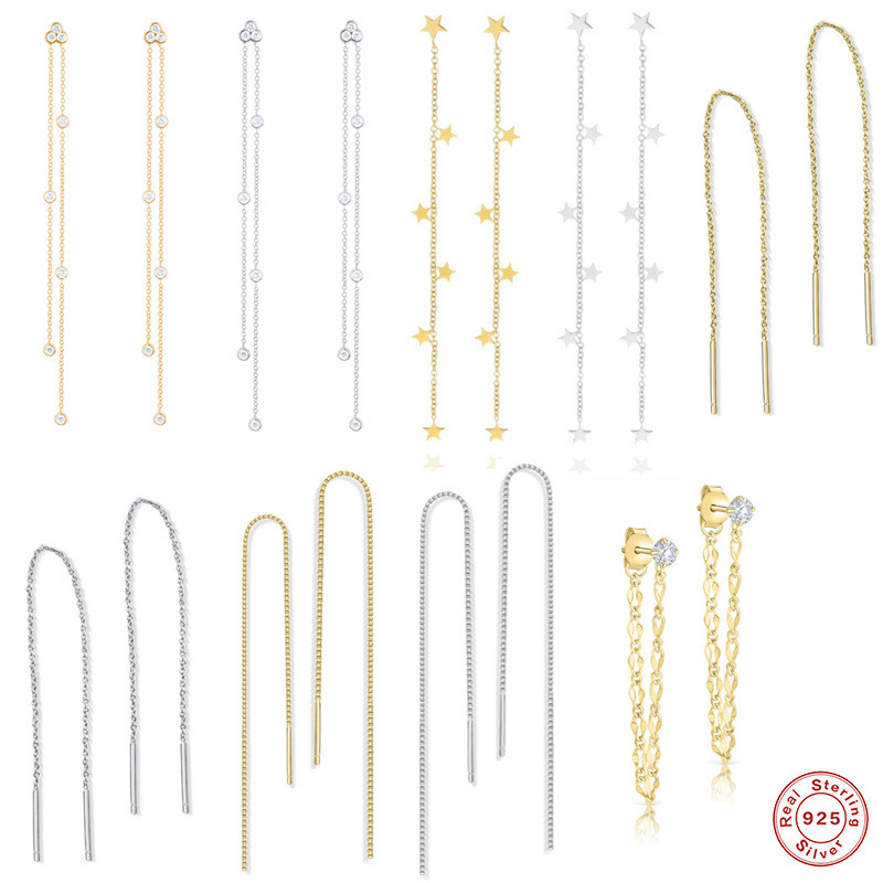 S925 Sterling Silver Tassel Inlaid Diamond Mini Pentagram Ear Thread Earrings Korean and Japanese Style Elegant Office Wear Earrings for Women