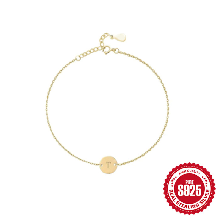 New S925 Sterling Silver Round Plate Engraved 26 Letters Daily Wear Bracelet for Women Hot-Selling Classic Jewelry