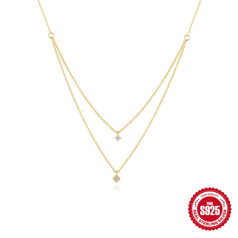 925 Sterling Silver Double Layer Lucky Clover Necklace for Women Hot Sale Simple Diamond-Studded Super Shiny Flower INS Versatile Collarbone Chain
