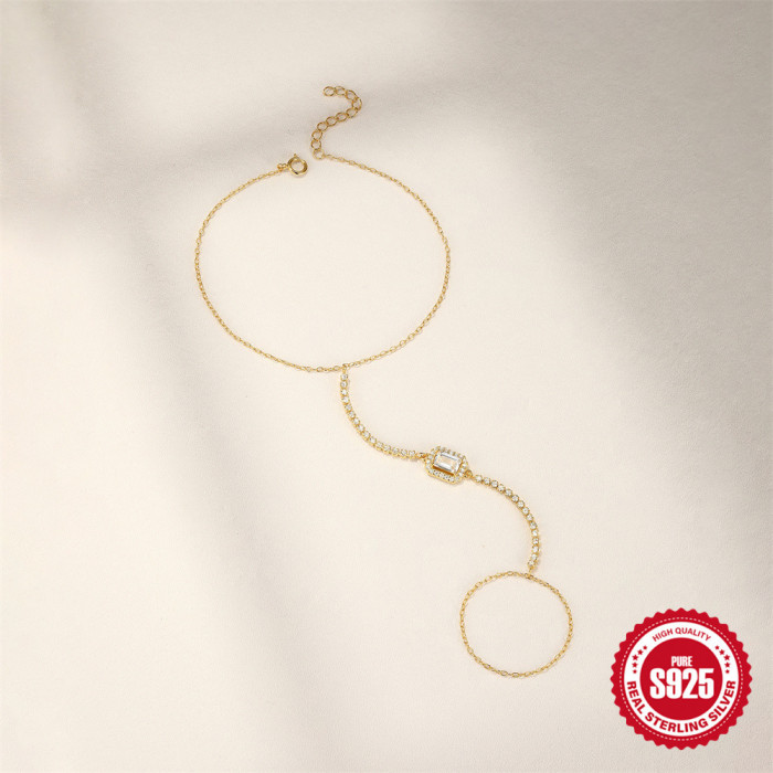 S925 Sterling Silver Claw Setting Tassel Chain Rectangle Stone Bracelet Ring Chain Hot Selling Elegant High-end Rin...