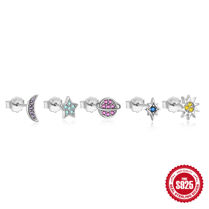 925 Sterling Silver Star Moon Colorful Inlaid Diamond Planet Set Earrings Jewelry European and American Hot Selling INS Versatile Earrings for Women
