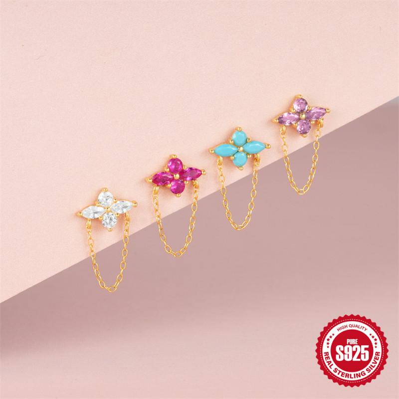 925 Sterling Silver Colorful Diamond Tassel Flat Thread Piercing Ear Bone Stud European and American Bestselling Personality INS Versatile Earrings Ear Jewelry