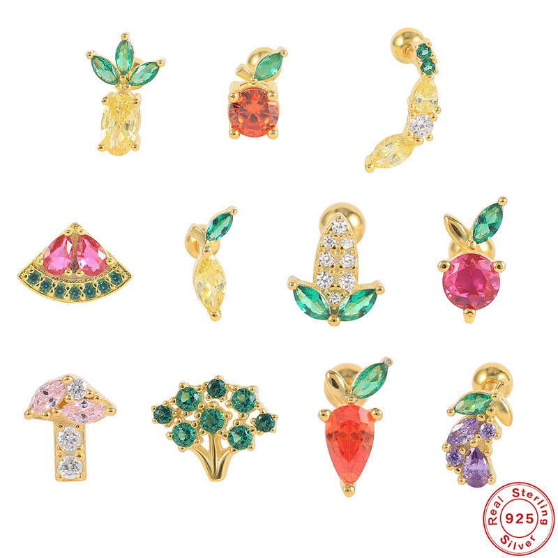 S925 Sterling Silver INS Style Fun Fruit Threaded Piercing Cartilage Earrings Korean Niche Lightweight Body Piercing Jewelry