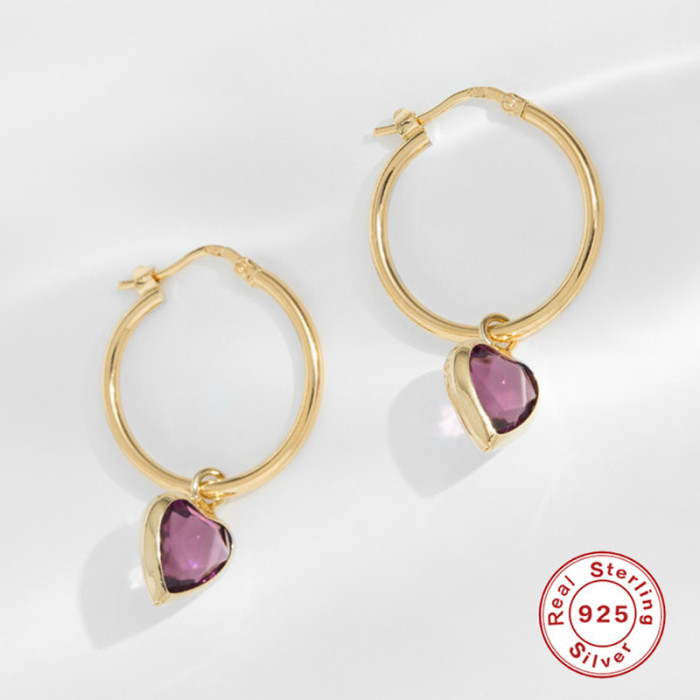 S925 Sterling Silver INS Stone-Inlaid Heart Pendant Topaz Hoop Earrings Korean and Japanese Style Elegant Fashion E...
