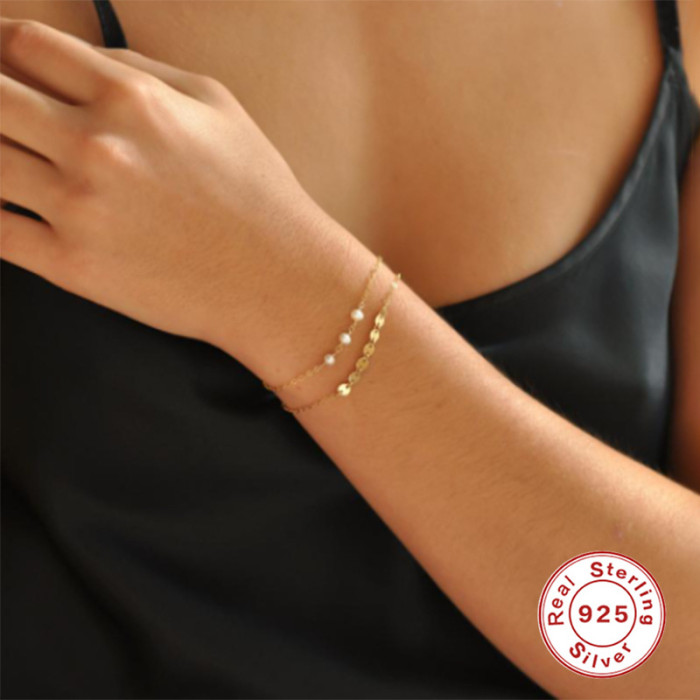 S925 Sterling Silver Round Disc Circle Synthetic Short Fashion Bracelet Style Personality I Design Sense INS Style Je...