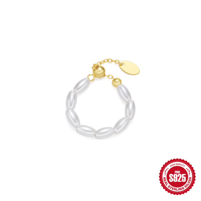 S925 Sterling Silver French Retro Small Pearl Ring for Women High-end Elegant Chain Adjustable Index Finger Ring, Nec...