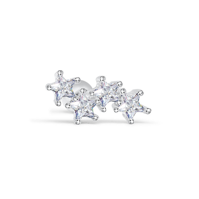 S925 Sterling Silver Four Five-Pointed Stars Inlaid with Diamonds Threaded Piercing European and American Fashion Ins Style Star Earrings Ear Bone Studs for Women
