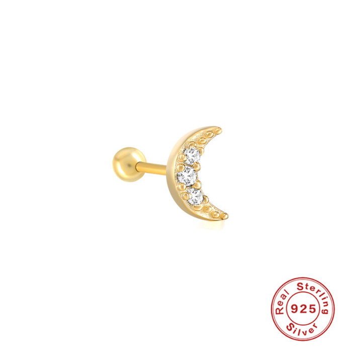S925 Sterling Silver Moon Inlaid Diamond Threaded Piercing Earrings Internet Celebrity Hot Sale Personality Light Luxury Ins Style Piercing Ear Bone Studs