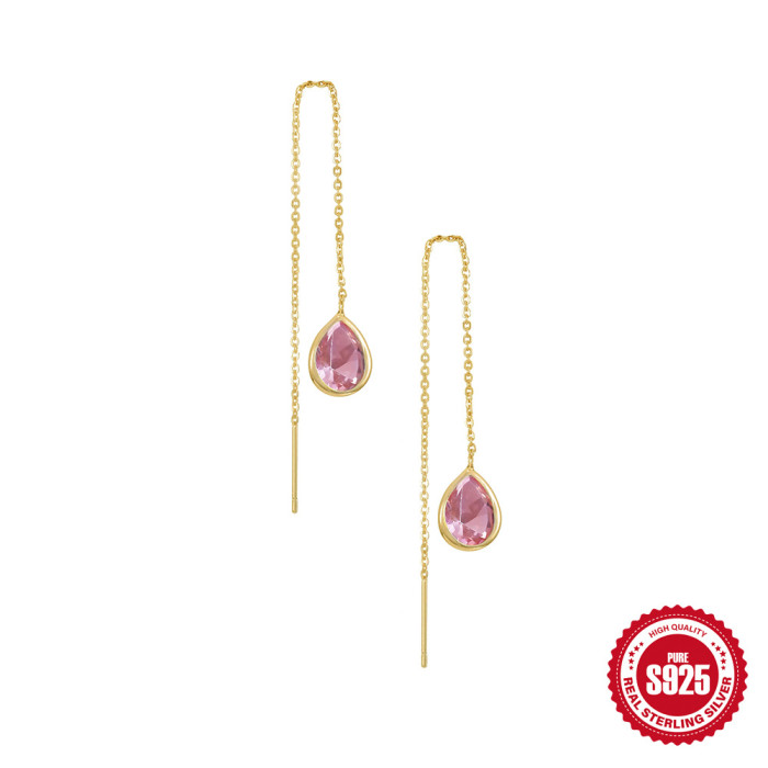S925 Sterling Silver Gold Water Drop Threader Earrings European and American Fashion Ins Style High-end Versatile Socialite Elegant Earrings