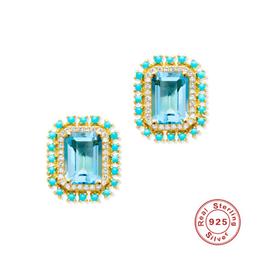 New Trendy S925 Sterling Silver Zircon Earrings European and American Fashion Retro Turquoise Stud Earrings Unique Light Luxury Earrings for Women