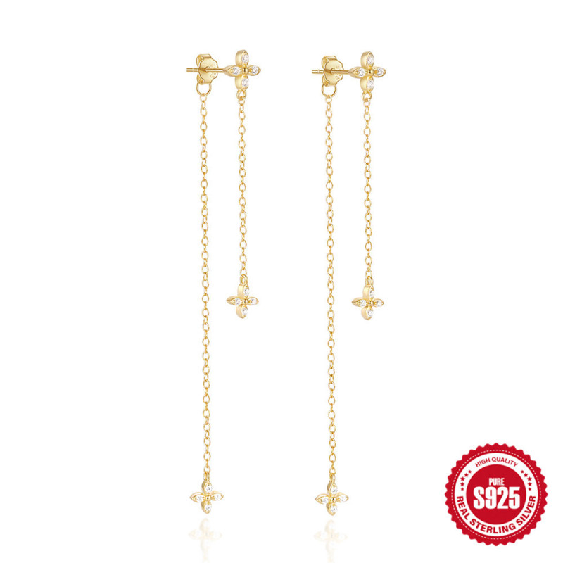 S925 Sterling Silver Floral Inlaid Diamond Chain Tassel Earrings European and American Hot-Selling Elegant Daily Matching Stud Earrings