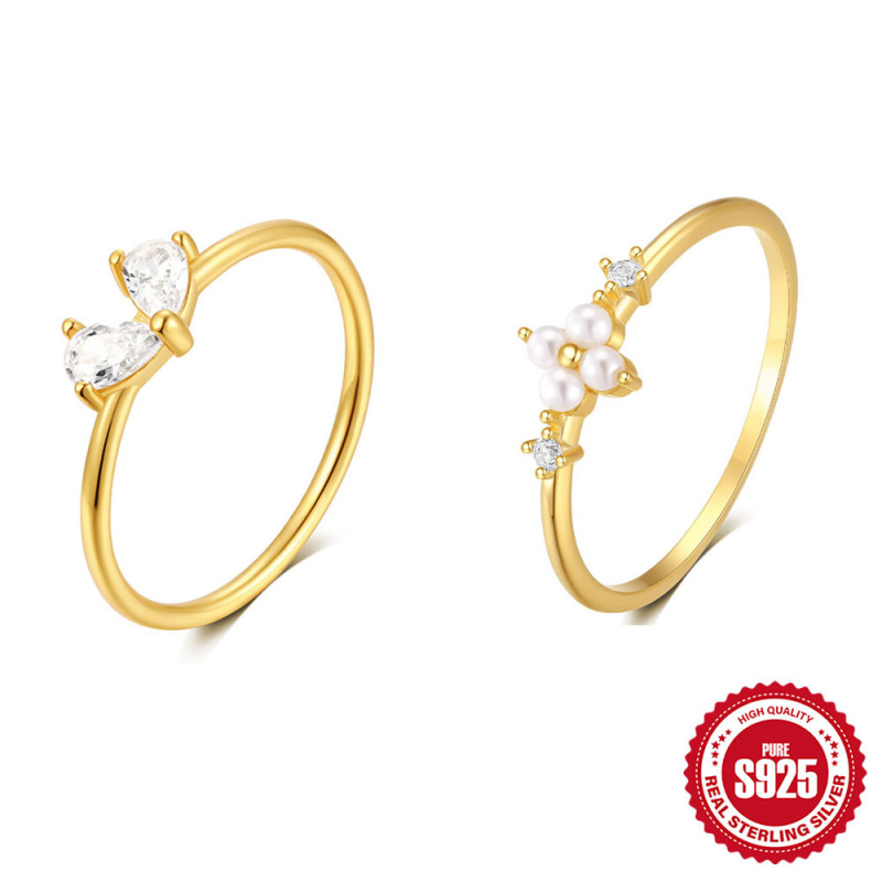 New S925 Sterling Silver Exquisite Pearl Four-Leaf Flower Ring Korean Style Internet Celebrity Elegant Heart-Shaped Diamond-Studded Ring for Women