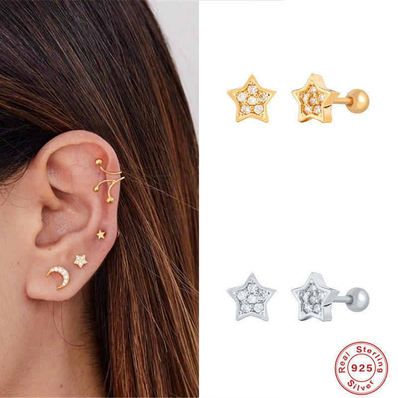 S925 Sterling Silver Star Inlaid Diamond Threaded Piercing Single Earring European and American Fashion Trend INS Style Ear Bone Stud