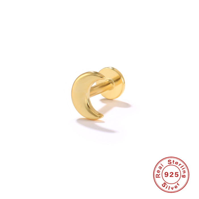 S925 Sterling Silver INS Simple Moon Smooth Piercing Earrings New Hot-Selling Flat Head Threaded Piercing Cartilage Studs