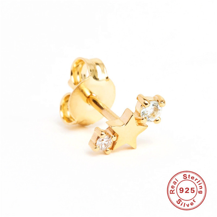 S925 Sterling Silver Five-Pointed Star Zodiac Birthstone Stone-Inlaid Earrings INS Creative Personality Earrings Je...