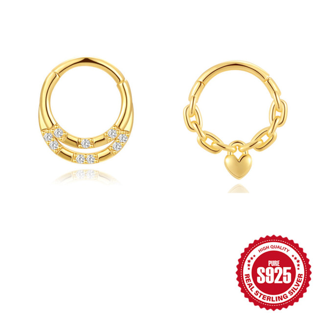 S925 Sterling Silver Chain Double Row Diamond-Studded Ear Cuff Soft Cartilage Heart Piercing Ear Ring Ear Hoop European and American Cross-Border Hot Sale