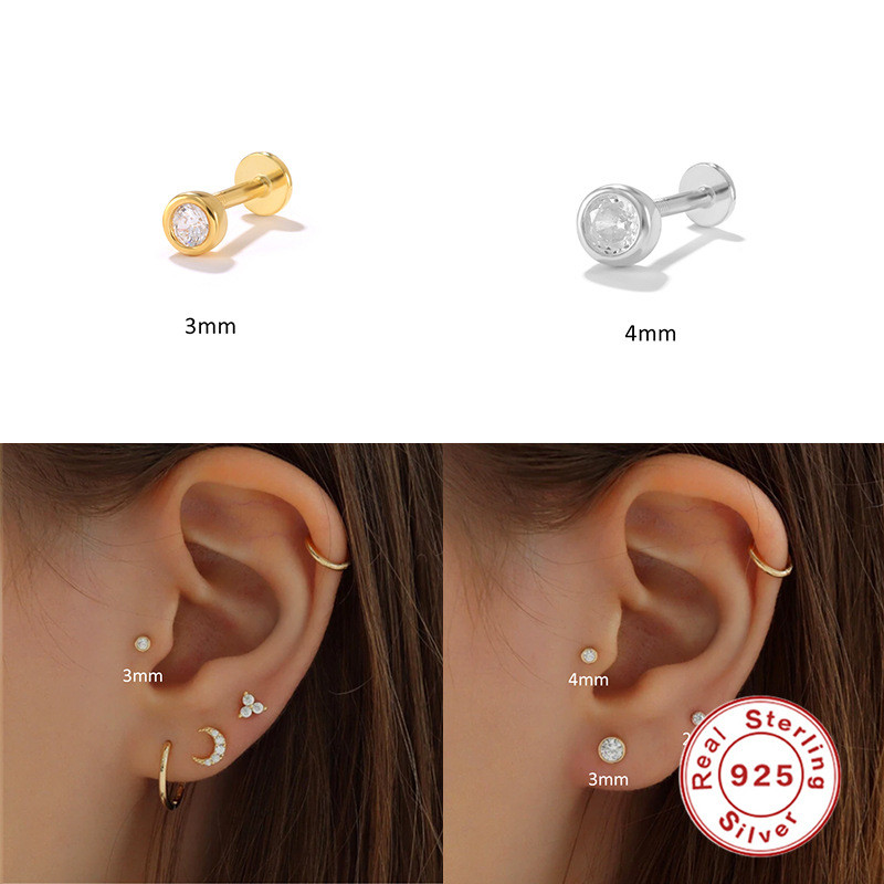 S925 Sterling Silver Round Ball Diamond-Studded Piercing Stud Earrings European and American Hot Selling 16G Flat Head Threaded Piercing Cartilage Stud Earrings